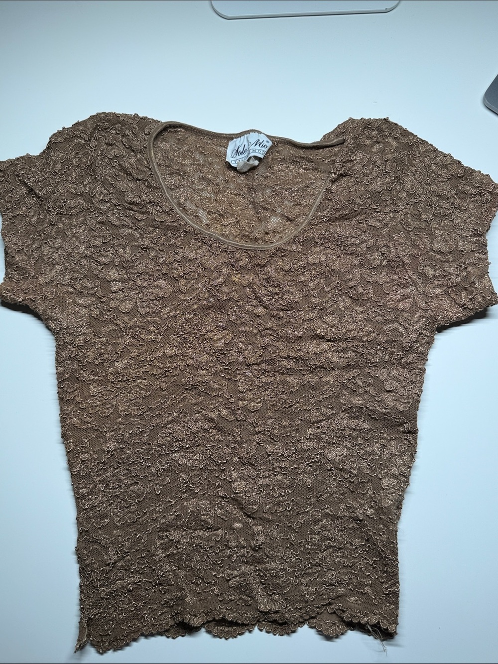 Vintage Sole Mio Italian Lace Short Sleeve Top - Brown -